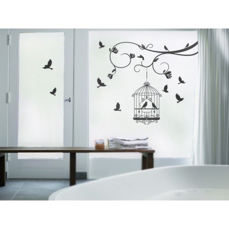 Vinilo translúcido: pájaros jaula ambiente dos