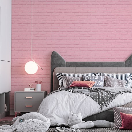 Fotomural a medida ladrillo rosa en pared de salón comedor