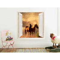 Vinilo ventana simulada con paisaje caballos